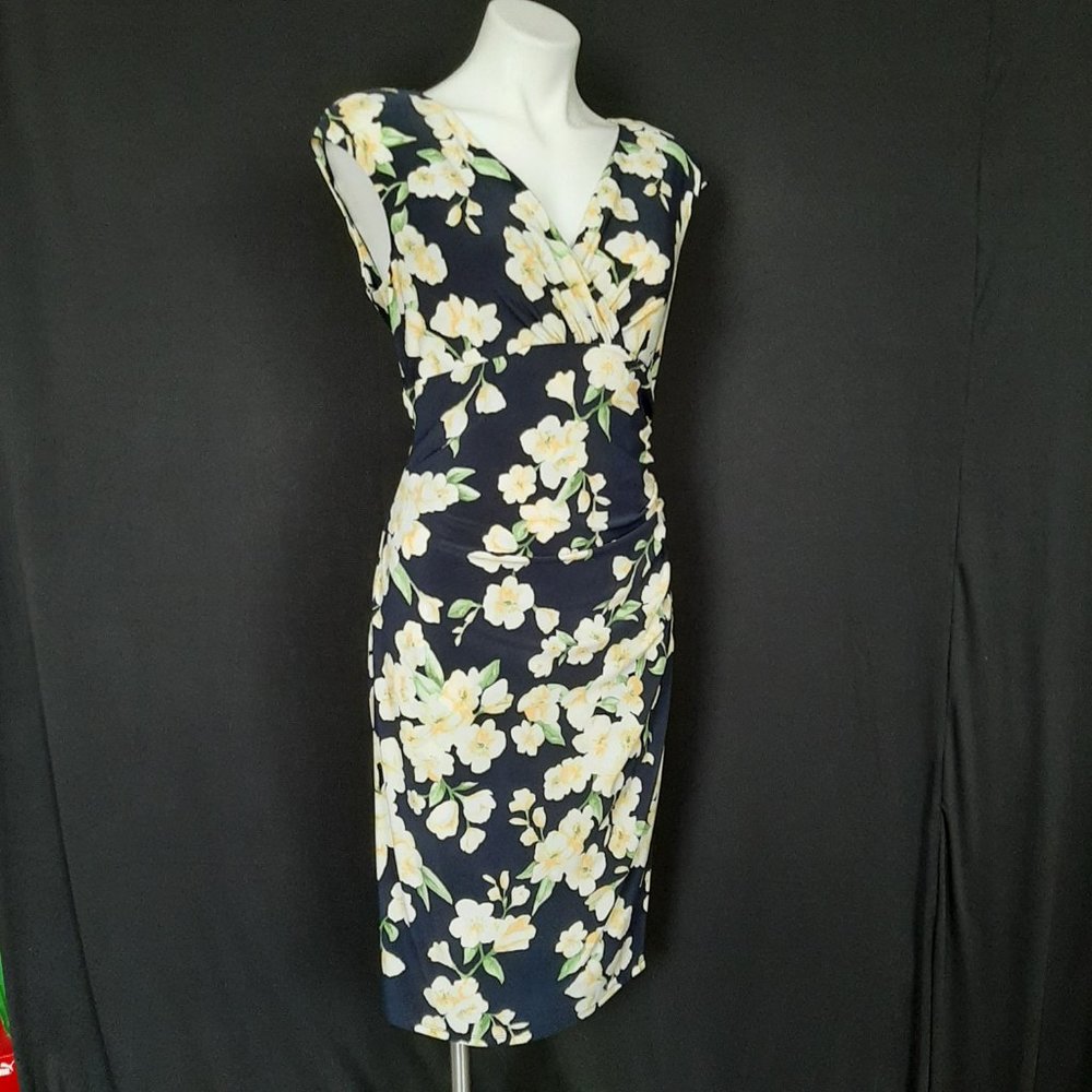 Ralph Lauren Side Shirred Floral Yellow and Navy Dress - Picture 6 of 10